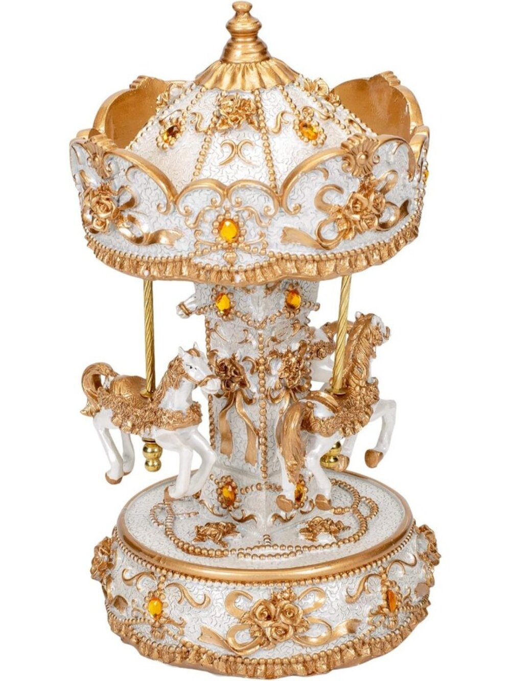 Gilded Gold Tone Musical Carousel Figurine - 10" Rotating Horses Plays Waltz